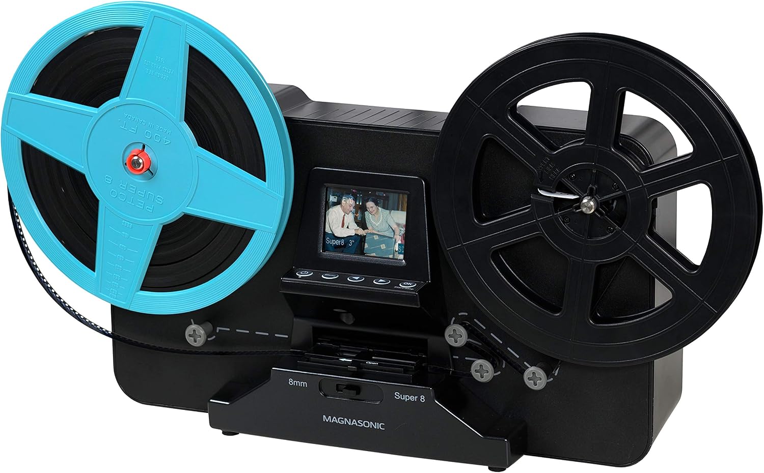 Magnasonic Super escáner de película de 8/8 mm, Convierte la película en Video Digital, Pantalla Vibrante de 2.3 Pulgadas, digitaliza y ve carretes de película de 3, 5 y 7 Pulgadas (FS81)