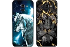 DiaryTown 2 Pack für Samsung J6 2018 Hülle, Ultra Dünn Silikon Bumper Schutzhülle Stoßfest mit Muster Motiv Schwarz Handyhüllen Weich TPU Cover für Galaxy J6 2018 - Wolf & Goldener Löwe