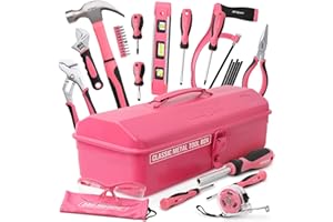 Hi-Spec 30-częściowa, retro różowa skrzynka narzędziowa z narzędziami dla kobiet i dziewcząt, stylowy, kompletny zestaw metalowy do majsterkowania i projektów