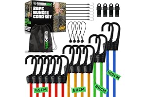 Rhino USA Corde Elastiche con Gancio (28 Pezzi) Elastico con Ganci Corte e Lunghe - 4 Clips per Telo Gratuito, Sacchetto con Corda Elastica con Gancio Legature per Tende - Resistenti ai Raggi UV