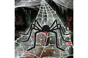 FORMIZON Ragno Gigante Halloween 150cm, Halloween Spider Web Set, 5m Ragnatela Triangolare di Halloween Addobbi, 20 Ragno Falsi Neri Halloween Decorazioni Casa Accessori Horror per Esterno Giardino
