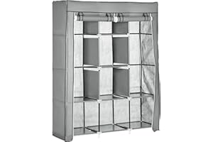 HOMCOM Armario de Tela Plegable, Armario Portátil con 2 Barras para Colgar, 8 Estantes, Marco de Acero, para Dormitorio, Vestidor, 125x43x162,5 cm, Gris Claro