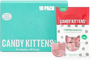 Candy Kittens Vegan Sweets, Wild Strawberry (140g, Pack of 10) – Fizzy Sweets, Chewy Treats with Fruity Flavors, Plant-Based Ingredients, No Nasties, Vegan Snacks for All, Made with Real Fruit Juice
