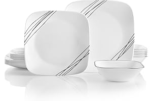 Corelle 18-piece Dinner Set, Simple Sketch, Black and White for 6, Chip Resistant Dinnerware, includes 26cm square dinner plates, 17cm square salad / side plates and 530ml square soup / cereal bowls