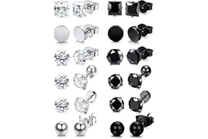 KALVICA 12 Pairs Hypoallergenic Stud Earrings for Men Women Cubic Zirconia Stud Earrings Set Stainless Steel Earrings Black Round Unisex Jewelry