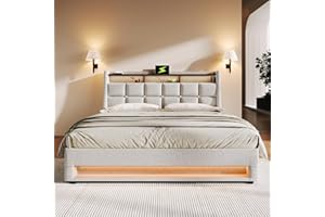 AUTHERIA Letto Matrimoniale con Contenitore 140x200 cm con LED e USB, Letto una piazza e mezza con Vano Portaoggetti e Testiera, Letto contenitore con spazio e rete a doghe, Struttura Letto Matrimoniale
