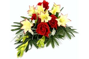 ‎FLAIR FLOWER Grableger Grabschmuck mit Künstlichen Rosen und Lilien, Grabaufleger, Aufleger, Kunstblumen Grabdekoration Rosenblüten Friedhofsgesteck, Blütenfreude 70 cm