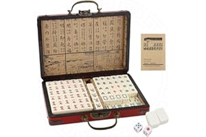 Dyna-Living Jeu de Mahjong chinois, structure solide, facile à lire, lot de 144 carreaux de Mahjong, 2 dés et étui de transport en cuir, les fêtes, les jeux familiaux