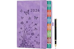 HWXBEN 2026 Diary Day per Page, A5 Diary Page a Day January to December, Daily & Monthly Planner with Colorful Monthly Tabs, Floral Design, Elastic Pen Holder, 2 Bookmarks, Pen Loop & Inner Pocket, Lavender.