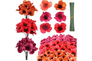 HAISHELL 60 Set Red Poppy Artificial Flowers Fake Flowers for Remembrance Poppies Head Fake Wildflowers with Flower Branch for Veterans Day Bouquet Corsages Home Kitchen Decoration (Orange Red Autumn Rose)