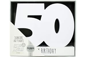 HOX Collection Celebrate in Style White Wooden 50th Birthday Signature Age Plaque with Black Marker Pen Freestanding White Wrapped Numbers to Sign Perfect Personalised Gift for Birthdays