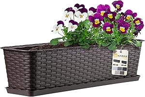 KADAX Maceta de Plástico de Imitación Ratán para Exterior, Macetero Rectangular con Platillo para Ventana, Jardinera para Balcón (Marrón, 60 cm)
