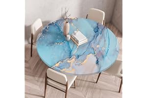 Mateju Exterior Mantel Redondo Mantel Impermeable Antimanchas Mantel, Borde Elástico Lavable Mantel Mesa Redonda para Cocina Comedor Fiestas Picnic,Patrón de Mármol (140cm,Azul)