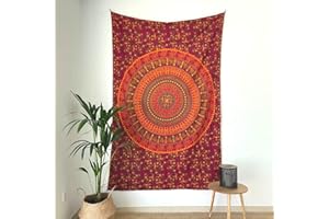 MOMOMUS Tapiz Mandala para la Pared - 100% Algodón, Colores Vivaces, Estilo Oriental- Ideal como Tapiz de Pared Aesthetic, Tapiz Decorativo de Pared o Arte Mural Indio en Tela - Naranja, 135x210 cm