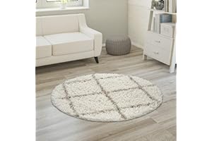 PACO HOME Alfombra De Pelo Largo, Suave Salón Shaggy Estilo Escandinavo Motivo De Rombos, tamaño:Ø 120 cm Redondo, Color:Crema Beige