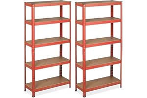 Relaxdays Metallo Scaffale con Sistema a Incastro, Fino a 875 kg, Scaffalatura ad Alta Portata 5 Ripiani, 151x75x30 cm, Rosso, Legno ingegnerizzato