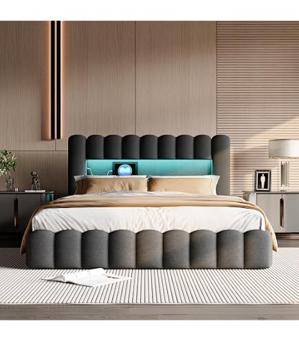 Lit Capitonné LED Double 160x200cm Avec Rangement Et Tiroirs - Velours Gris Foncé