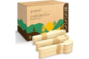 greenli® Einwegbesteck Set - 150 Holzgabeln, Holzmesser und Holzlöffel - Nachhaltiges Holzbesteck Einweg