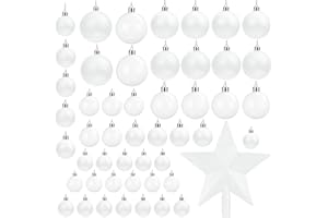 Belle Vous Bolas de Navidad Blancas (Pack de 50) Tamaños Variados Bolas Navideñas con Brillo y Estrella de Navidad para la Punta - Adornos de Navidad Decor Fiestas Interior y Exterior