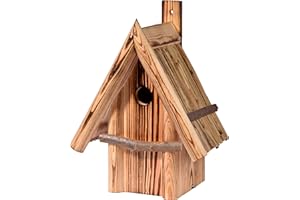 dobar® 13070e Nistkasten Hexenhaus Ø 32 mm - Nisthöhle für Wildvögel - Nistkasten Massivholz - Nisthilfe mit Schilfdach Vogelhaus für Höhlenbrüter - 26 x 19 x 33 cm - Geflammt