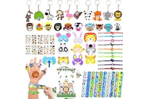 PQKL-party Jungle Party Bag Fillers, 70Pcs Saf-ari Theme Birthday Supplies, Jungle Party Bags, Felt Animal Masks, kids stickers 100 patterns, Slap Bracelets, keychains, animal ring Goodie Bag Fillers