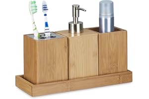 Relaxdays Set Accessori da Bagno, Porta Spazzolini e Portasapone 4 Parti Bambù, Contenitori da Lavandino, Marrone Chiaro