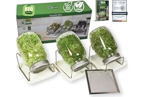 Green SEEDS® Oryginalny zestaw 3 słoików na kiełki + ziarno rzeżowe + 3 x nasiona bio | 1000 ml z wysokiej jakości pokrywą kratkową ze stali nierdzewnej, stojakiem, miską ceramiczną + szczeble ABC