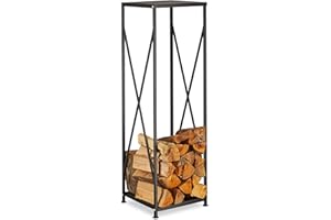 Relaxdays Etagère de Cheminée Rangement bûches Bois Acier Panier Bois Porte-bûches HxlxP: 111x34x34 cm, Noir