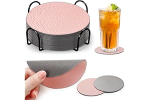 Cokaca Untersetzer Gläser 16er Set, Doppelseitigen Untersetzer aus Kunstlede Leder mit Halter, Glasuntersetzer, Glas-untersetzer Set, Tischuntersetzer Lederoptik Untersetzer (Grau+Rosa)