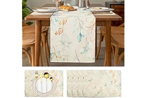 Aitsite eukaliptusowy bieżnik stołowy, zestaw podkładek stołowych, zmywalny, z 4 elementami dekoracyjnymi, 30 x 180 cm