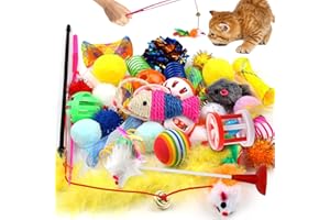 QUOZUO Katzenspielzeug Set, 32 Stück Interaktives Katzen Spielzeug Variety Pack für Katzen Kitten, Bälle, Teaser Stab mit Maus, Federspielzeug, Plüschspielzeug, Spielzeugmäuse