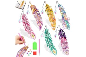 Jovicos Arts and Crafts Kits, Gift for Girls Age 7 8 9 10, DIY Diamond Art Kits with Crystal Pendant, 5D Diamond Painting Bookmarks Feather Shape (6 PCS)
