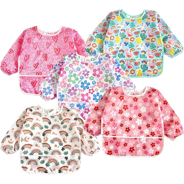 2 Bavoirs Bébé Manches Longues étanches - PU Lavable Machine, Avec Poche, Pour BLW 6-36 Mois - Kaki Et Rose