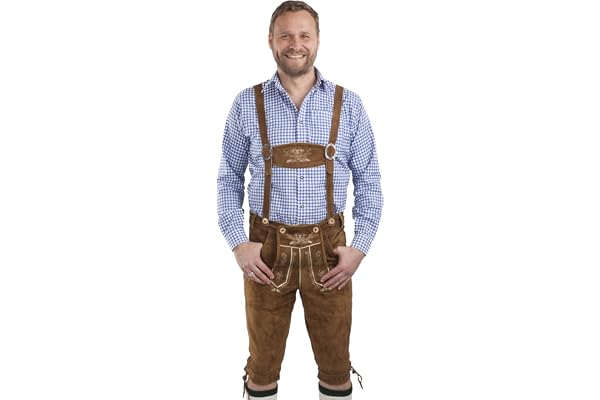 Schöneberger Trachten Men's Lederhosen Kniebund - Trachten Pantalon en Cuir houblon et Brun malté - Hopfen & Malz