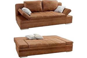 ‎LUMA-HOME SCHÖNES FÜR DEIN ZUHAUSE Tolles Funktionssofa mit Gästebett und Bettkasten 202 cm breit, Liegefläche 148x200 cm, Schlaf-Couch mit Wellenfederung, Bezug Microfaser in Antikleder-Optik Braun Curry / 15117