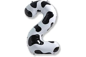 ISNDARE Cow Print Birthday Number Balloons, 40 Inch Large Foil Number 2 Self Inflating Balloons for Girls Boys 2nd Birthday Party Decor Baby Shower Cowboy Cowgirl Farm Animal Theme Party Decorations Supplies
