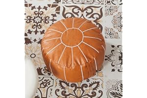 Louis Donné Unstuffed Handmade Moroccan Round Ottoman Foot Stool Pouf Cover Seat Faux Leather Storage Bean Bag Floor Chair Foot Rest for Living Room, Bedroom or Office Indoor (Orange)