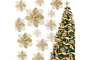 Luchild 12 pezzi Glitter Fiori di Natale, Stella di Natale Fiori Artificiali Albero di Natale Ornamenti con 12 clip, decorazioni glitterate per Natale, matrimonio e Capodanno - 16 cm (Oro)