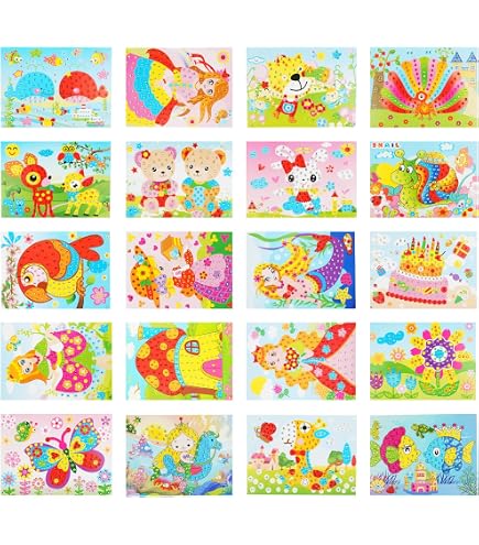 Fyihoxi Mosaik Bastelset Für Kinder – 16 Verschiedene Motive, Selbstklebende Aufkleber, Fördert Kreativität & Feinmotorik