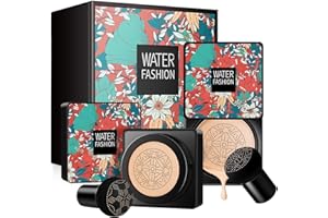 WWQQYY 2PCS Air Cushion CC Cream Flawless Colour Changing Foundation Makeup Base BB Cream Warm Skin Tone Nude Face Moisturizing Full Cover Concealer Long-Lasting, (Mushroom Shape) Puff (Natural)