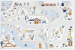Janod - Alfombrillas de Coche para Niños - Tema Montaña de Invierno - Suave y Antideslizante - Motivo Deporte y Valle - Alfombra de Habitación para Niños y Niñas - 120 x 78cm - A partir de 2 años