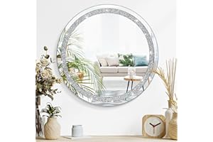 LZUSO Crush Diamond Frameless Round Mirror - Crystal Wall Decor for Home, Hallway, Bathroom, Bedroom - 40x40cm