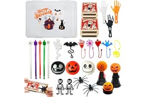 MOMAHUA 26P Halloween Party Favors for Kids,Halloween Toys Party Bag Fillers,Pumpkin Squeeze Toy,Skeleton Spider Sticky,Jumping Finger Puppet,Stretchy Fidget Noodles String,Rewards Games Toys Gift for Adults