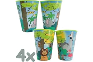 Neu: 4X Dicke, stabile Kunststoff-Becher * Wilde Tiere & Safari * für Mottoparty und Kindergeburtstag | Kinder Geburtstag Motto Dschungel | Perfekt als Mitgebsel | Mehrweg-Becher - Keine Einweg!