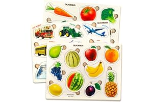 QUOKKA Puzzle Legno Bambini 1 2 Anni - 3 Giochi Montessori per Bambini 3 4 5 Anni - Puzzle in Legno con Frutta Verdura e Trasporto - Giocattolo Educativo Regalo
