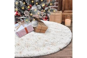 Dremisland Spódnica choinkowa ze sztucznego futra, 122 cm, duża, biało-złota, pluszowa spódnica z cekinami, płatki śniegu, gałązka winorośli, mata podstawowa, na Boże Narodzenie, przyjęcie, dekoracja
