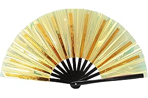 Gionforsy 1 x Rave-Handfächer, Bambus-Handfächer, groß, zusammenklappbar, mit hellen Farben, Stoff-Fächern für Festival (1 x Style4 Gold)