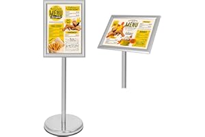 BELLE VOUS Expositores de Pie A4 Plateado – Soporte para Poster de Aluminio de Pedestal – Marco para Vista en Vertical y Horizontal - Atril Ajustable para Bodas, Exhibiciones, Tiendas y Restaurantes