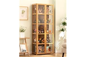 SKORDO Curio Cabinets With Glass Doors Glass Display Cabinet Curio Cabinet Display Cabinet Natural Bamboo Frame, Safe And Healthy, Double Door Design For Convenient Storage, Sealed Dustproof, Easy To Clean
