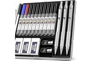 Nicpro 3 Pezzi 2mm Metallo Matite Meccaniche Astuccio, Art Portamine Falegname Set con 10 Tubi Mine (HB 2H 4H 2B 4B)(Nero, Colors), 3 Gomma 2 Temperamatite Astuccio per Artista Disegno Scrittura